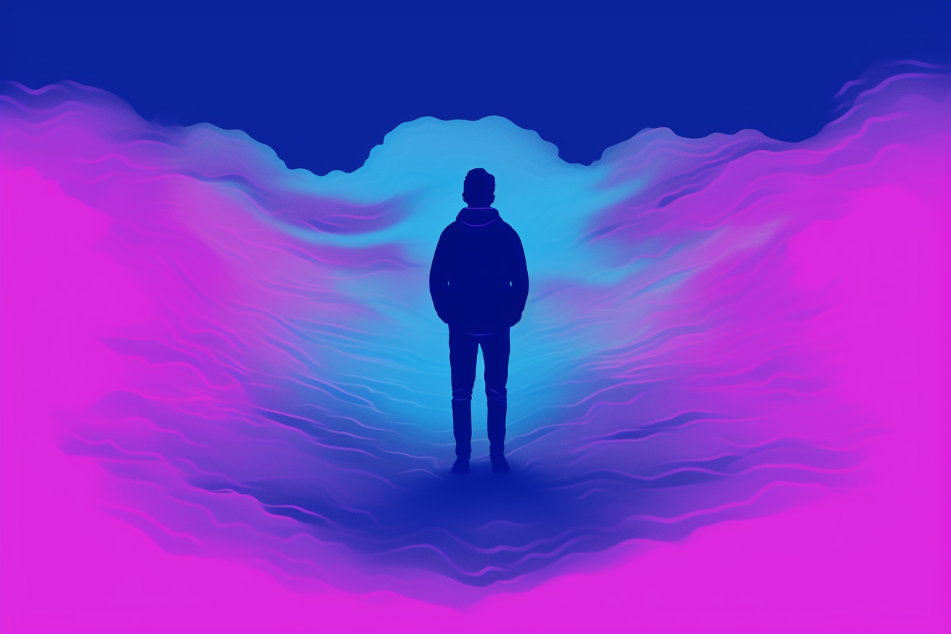 Een abstract beeld van een persoon die in een mist van onzekerheid staat met een blauw pad omgeven door rode wolken.