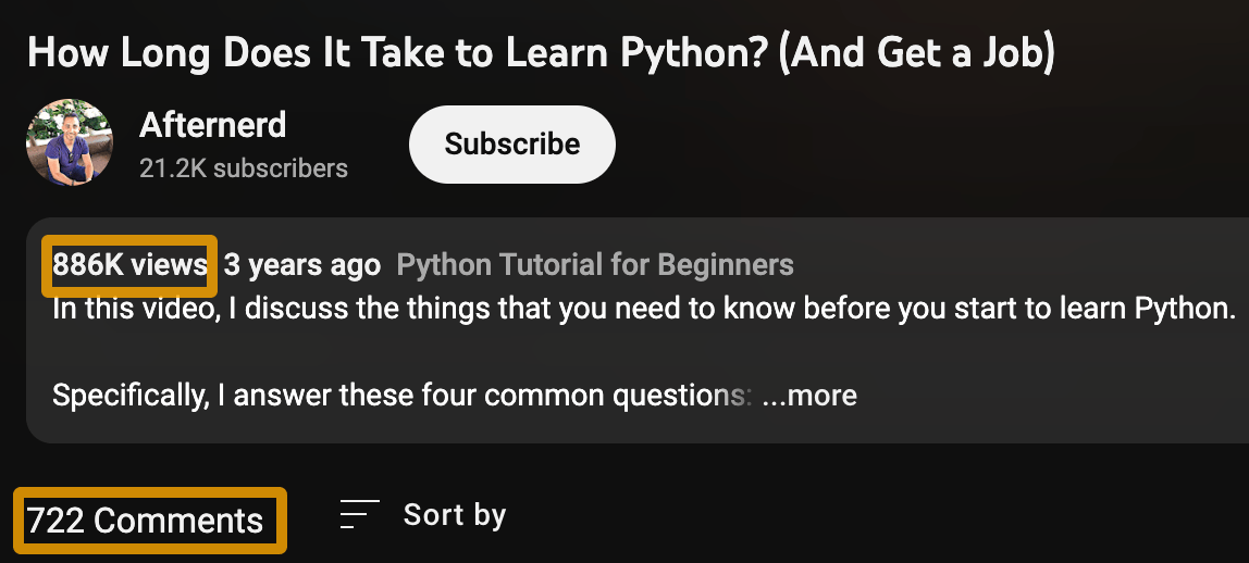 Métricas de engajamento em um vídeo do Afternerd sobre Python