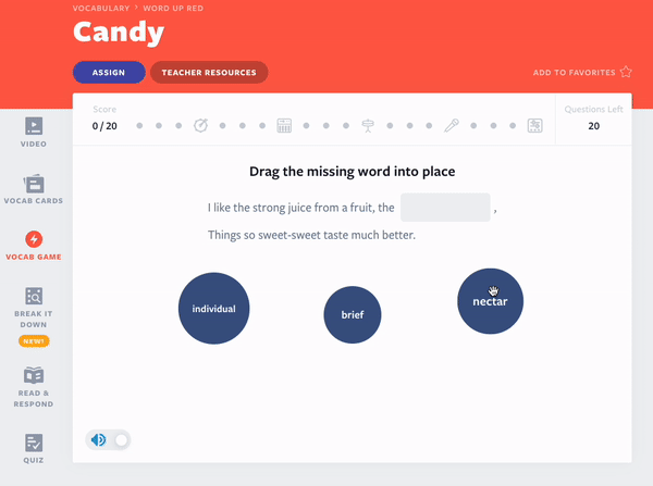 Flocabulary Candy bài học Vocab Game
