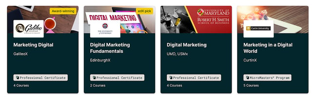 Page d'accueil du cours de certification marketing edX
