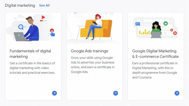 الصفحة الرئيسية للدورة التدريبية لشهادة التسويق في "أكاديمية Google"