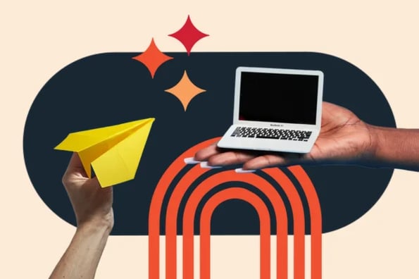 Online marketinglessen grafisch met een hand die een papieren vliegtuigje vasthoudt voor promotie en een hand die een computer vasthoudt voor online leren.