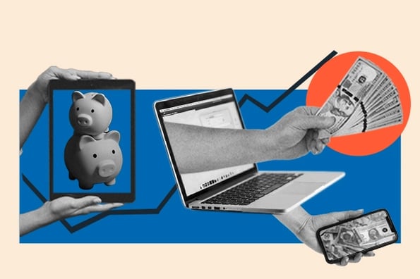mejores programas de afiliados: la imagen muestra manos saliendo de una computadora sosteniendo billetes de un dólar