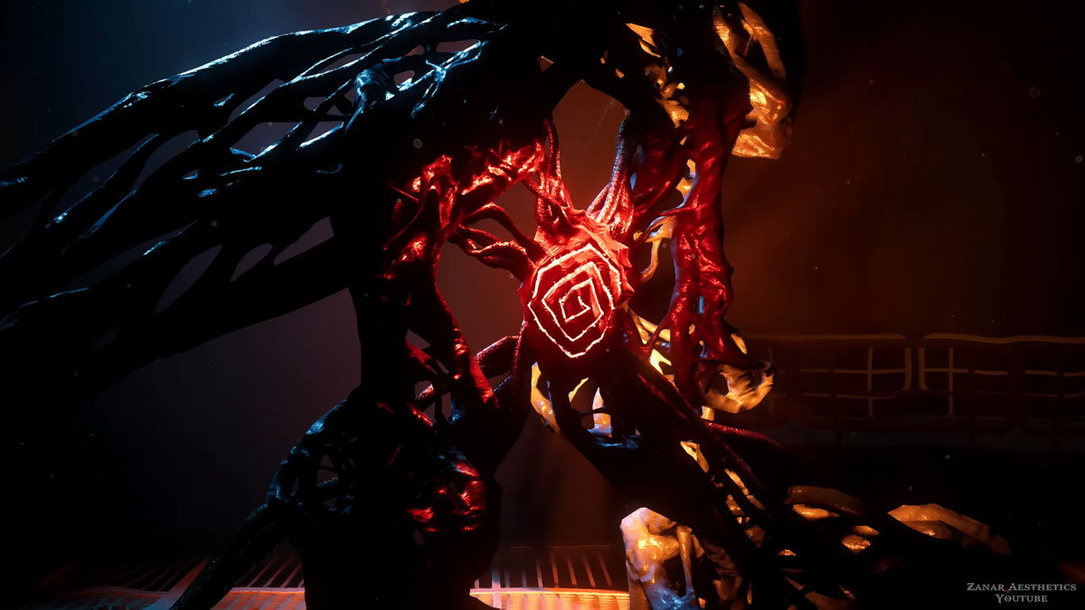 Een symbiont-meteoor hangt aan symbiont-ranken in Spider-Man 2