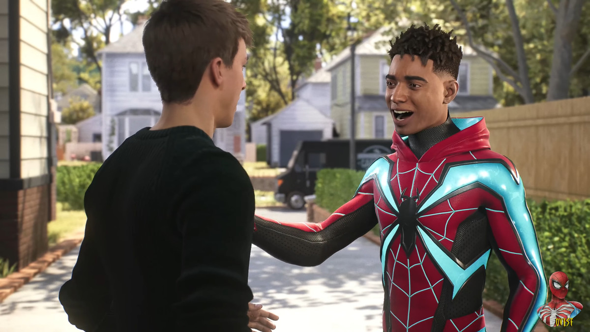 Miles moedigt Peter aan in Spider-Man 2