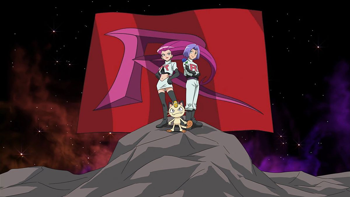 Team Rocket, in their white uniforms posing in front of a giant red flag with a fucsia R on it in Pokémon the Series.