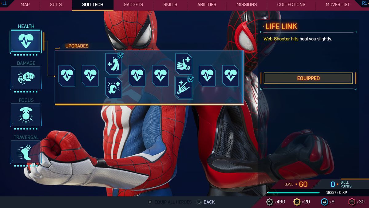 Miles and Peter hold their fists out in the Suit Tech - Health menu