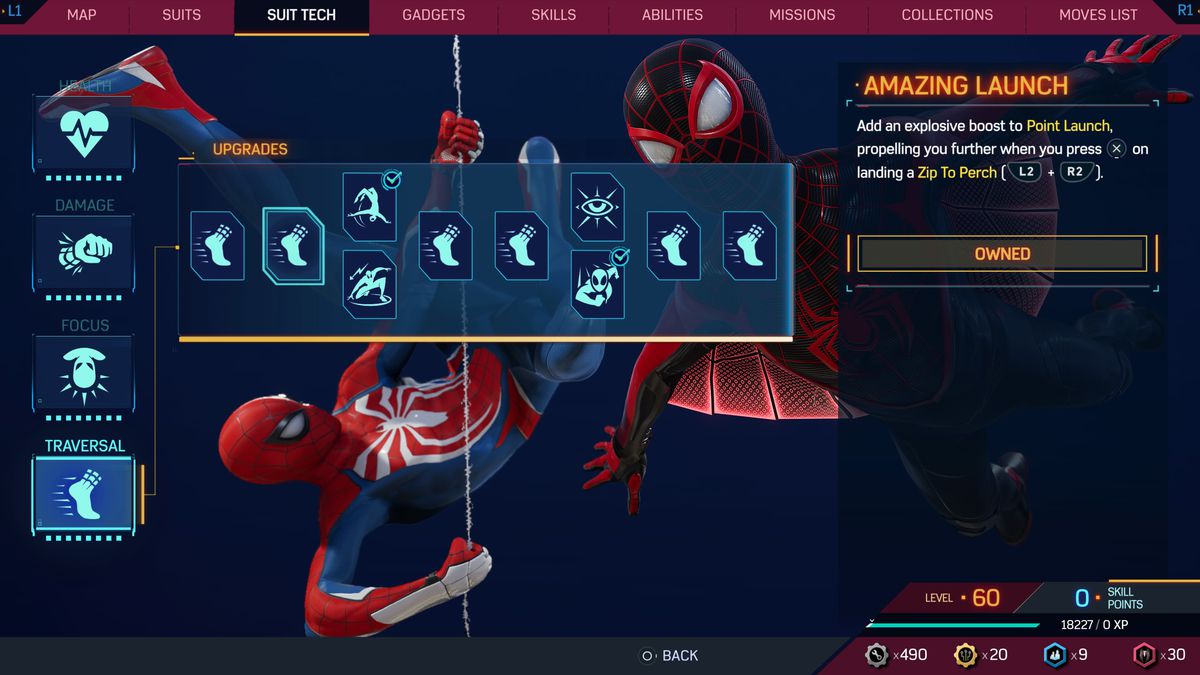 Miles and Peter swing and fly through the Suit Tech - Traversal menu