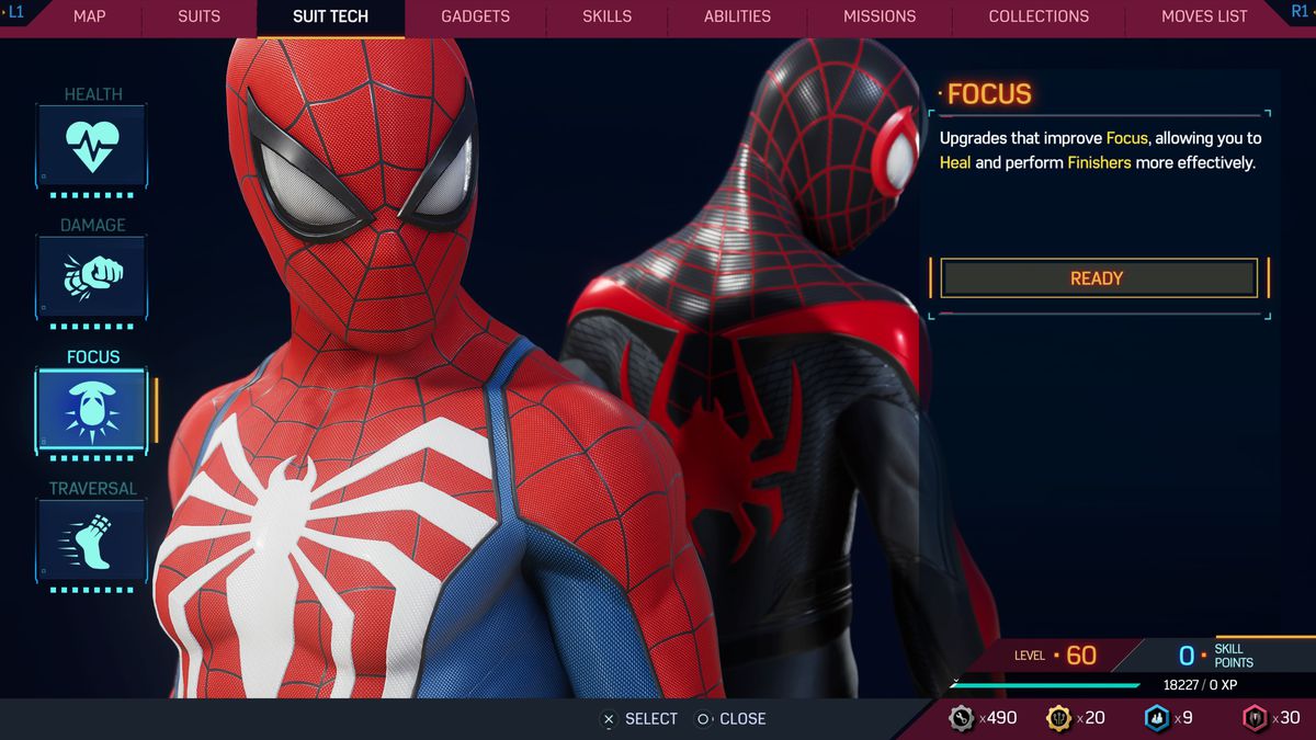 The Suit Tech menu shows Miles and Peter brooding