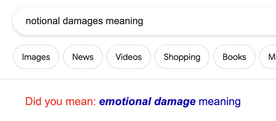 Google search for "Notional damages meaning" with a suggestion showing "Did you mean: Emotional Damage meaning" 