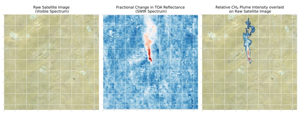 Figura 4: Imagen RGB, cambio de reflectancia fraccional en la reflectancia TOA (espectro SWIR) y superposición de penacho de metano para AOI