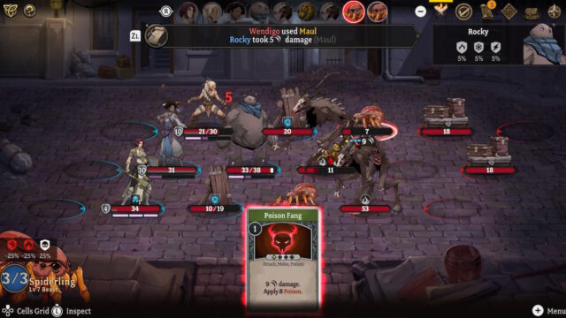 Screenshot van het spel Gordian Quest - Een spinnetje is aan de beurt en speelt de kaart 'Poison Fang', die 9 schade aanricht en 8 vergif aanbrengt op een van de personages.