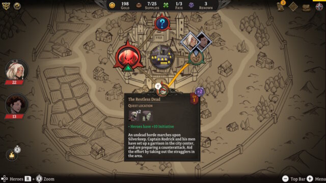 صورة للعبة Gordian Quest تُظهر العقدة التي تم تحديدها والتي تحمل عنوان "The Restless Dead" وهي عبارة عن لقاء.