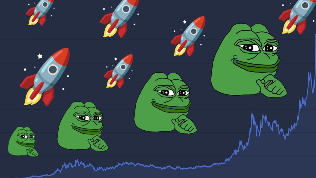 Immagini di Pepe The Frog con un grafico azionario con tendenza al rialzo sullo sfondo, che implica come i prezzi della moneta siano aumentati nella sua storia man mano che sempre più persone acquistano la moneta, l'immagine ha anche emoji a razzo su di essa, il che implica una tendenza al rialzo