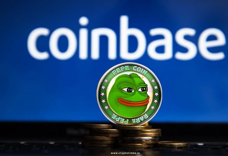Pepe de kikker meme munttoken met Coinbase-logo op de achtergrond