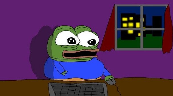 l'emblématique Pepe The Frog surfant sur son ordinateur portable avec un air surpris, ce qui implique les prix du Pepe Coin
