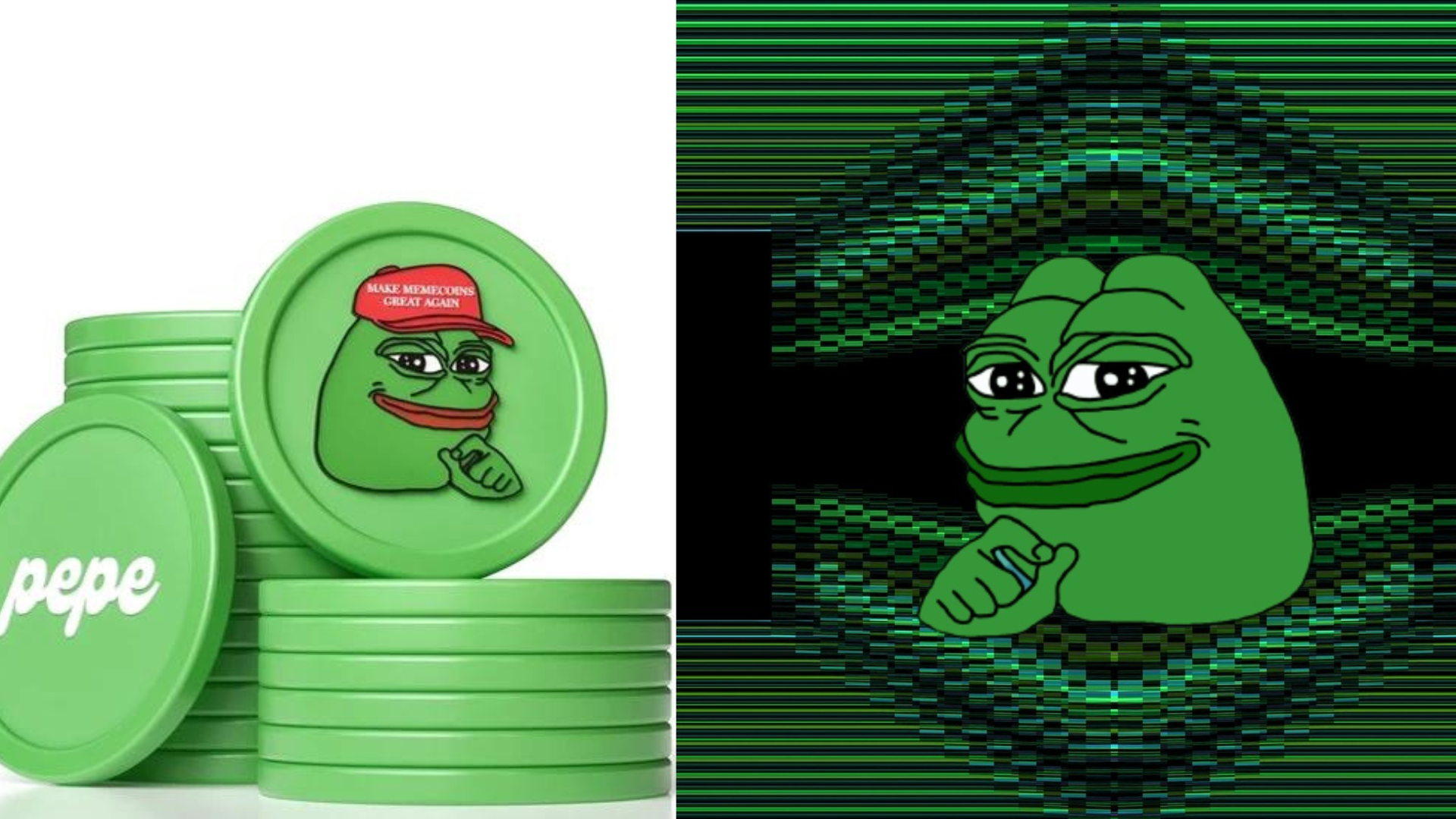 een AI gegenereerd uit enkele groene munten met het "Pepe de kikker" -logo erop, als een impliciete hoofdposter "hoe koop je een gids"