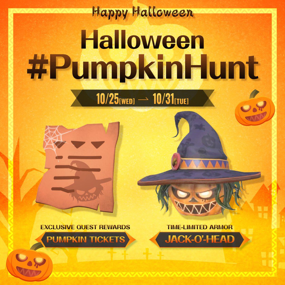 Een poster met Pumpkin Tickets en het Jack-o'-Head-pantser in Monster Hunter Now