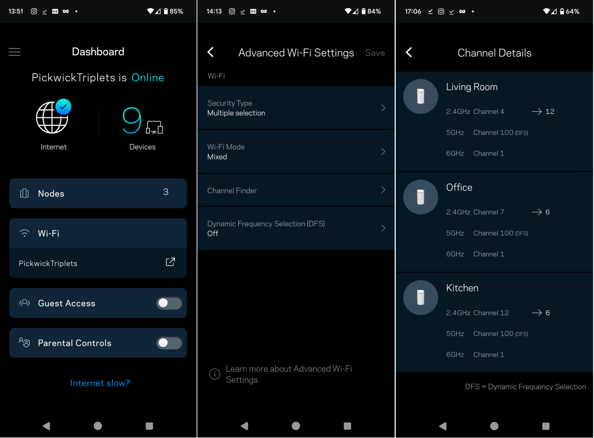 لقطات شاشة لتطبيق Linksys لنظام التشغيل Android، تظهر لوحة المعلومات وإعدادات الشبكة المتقدمة وقوة الإشارة بين العقد