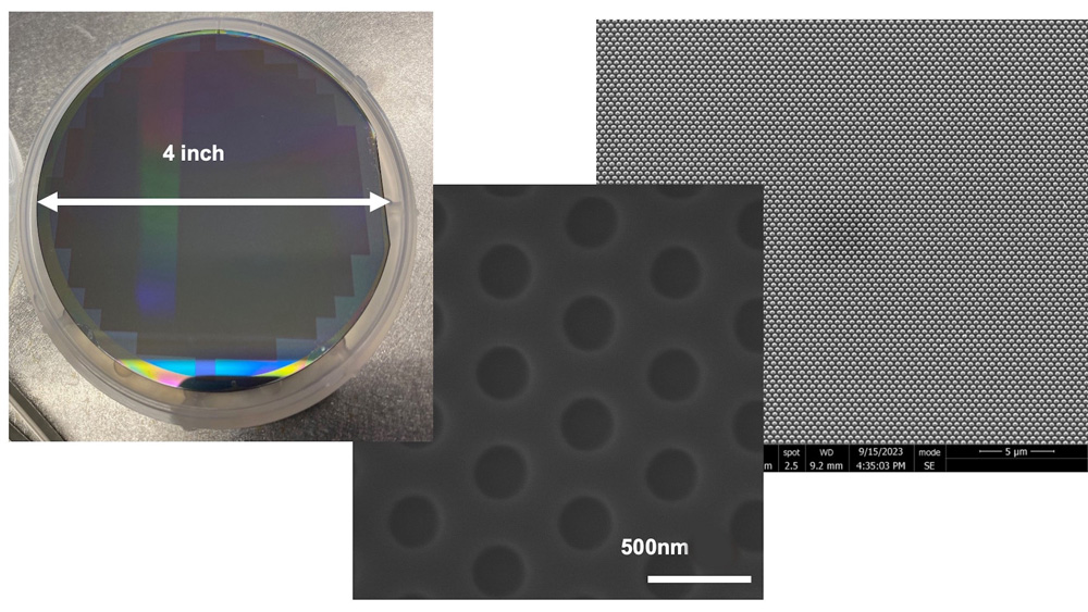 Researchers at McGill University and NS Nanotech Canada utilized a standard deep ultraviolet (DUV) optical lithography process on a 4-inch wafter (left) to create a patterned mask (center), enabling uniform growth of submicron-scale gallium nitride nanowires on an optically patterned substrate for the first time. (Source: NS Nanotech Canada). 