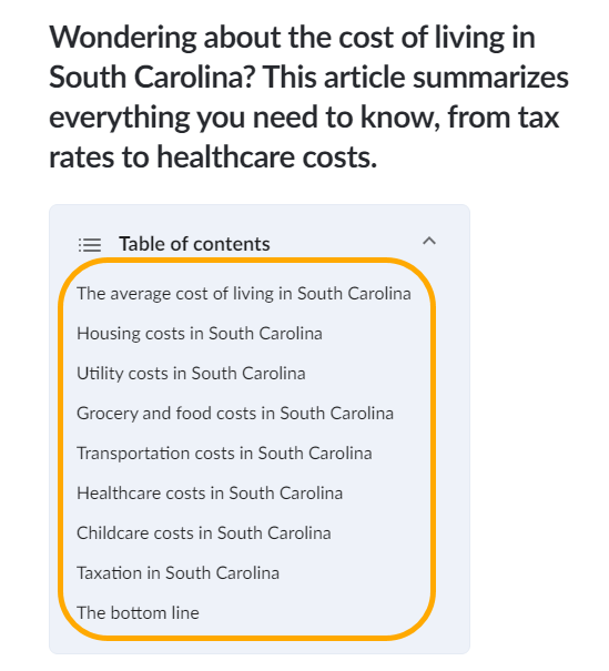 Articolo sul costo della vita nella Carolina del Sud