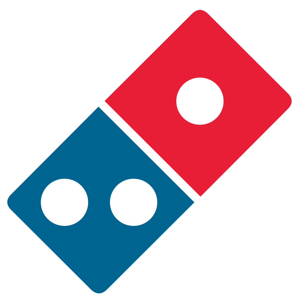 도미노 피자 대각선 파란색과 빨간색 도미노 조각 로고