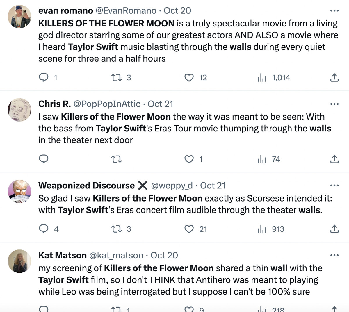 Ảnh chụp màn hình Twitter gồm bốn bài đăng khác nhau của những người phàn nàn hoặc nói đùa về việc rò rỉ âm thanh từ bộ phim của Taylor Swift làm nhạc nền cho chương trình Killers of the Flower Moon của họ