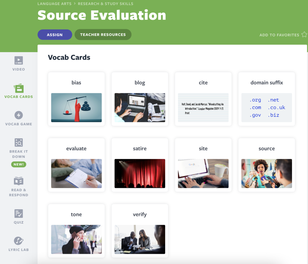 Source Evaluation video lesson Vocab Cards