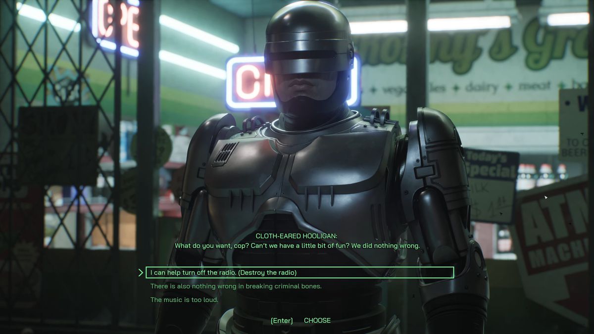 RoboCop se enfrenta a un grupo de matones merodeadores frente a una tienda de conveniencia y les pide que bajen el volumen de la música.