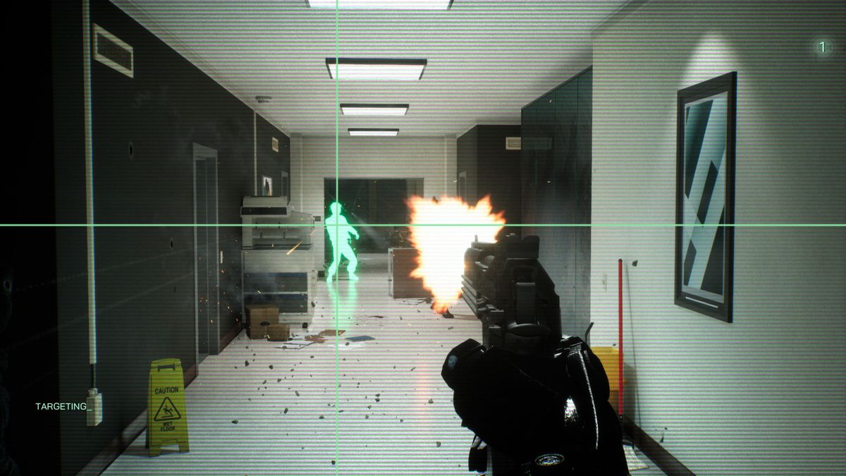 RoboCop apunta automáticamente a un enemigo en el pasillo de una oficina en una captura de pantalla de RoboCop: Rogue City