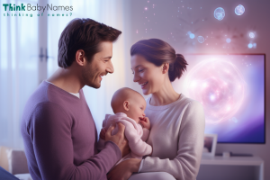 Gia đình cùng mỉm cười khi tương tác với Think Baby Names Genie trên máy tính trong căn phòng có ánh sáng rực rỡ.
