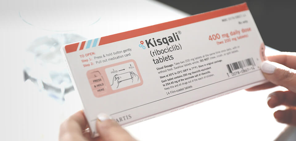 Een doos Kisqali (Ribociclib) tabletten.