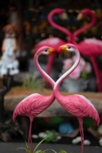 twee roze flamingo-keramische beeldjes