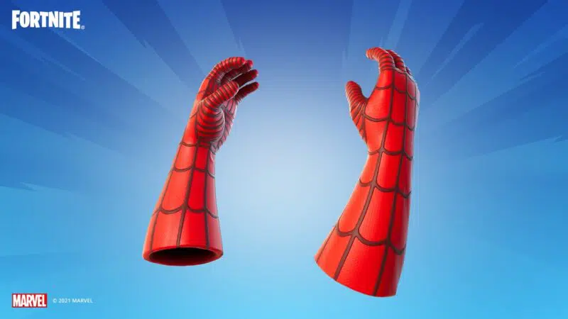 The new item available in Fortnite Chapter 3; Spider-Man's Web-Shooters, mid-length gloves in the iconic black and red design