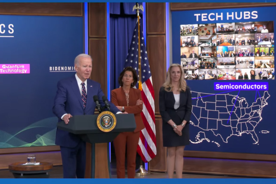 Picture: US President Joe Biden, joined by Secretary of Commerce Gina Raimondo and Director of the National Economic Council Lael Brainard, announces the Tech Hubs program at the Eisenhower Executive Office Building on 23 October. 