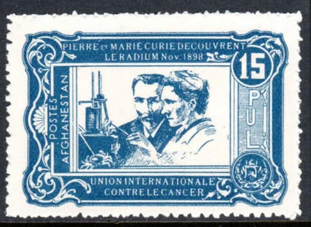 Un sello de Afganistán de 1938 de Marie Curie