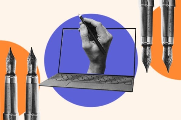 La pantalla de la computadora muestra una mano con un lápiz; Herramientas de redacción publicitaria con IA