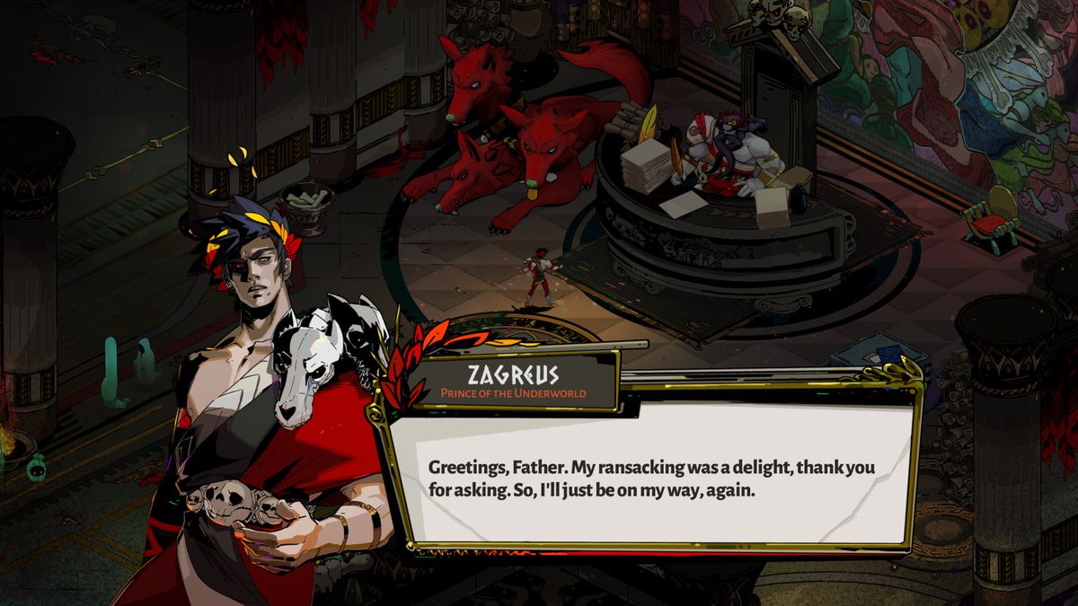 Zagreus nói chuyện với Hades trong khi Cerberus ngủ trưa gần đó trong ảnh chụp màn hình từ Hades