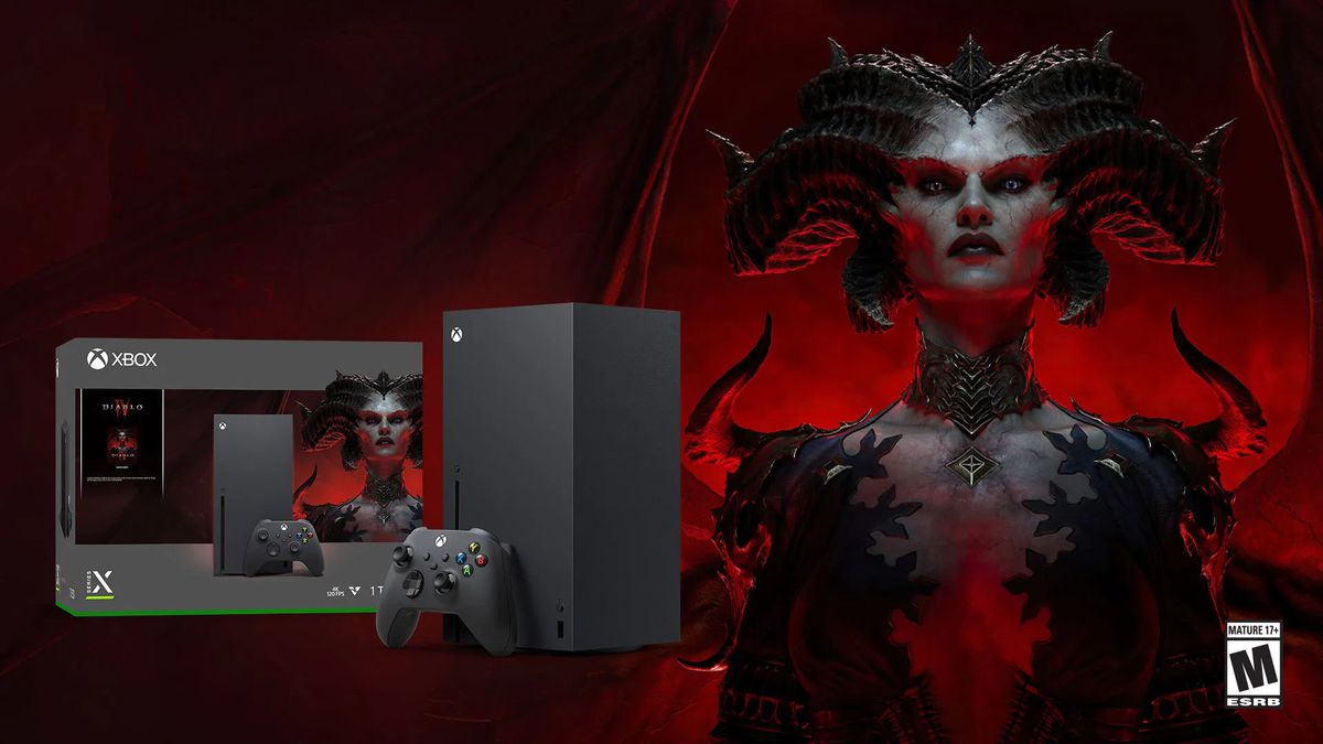 Un graphisme composé d'art Diablo 4 avec une console Xbox Series X à côté de sa boîte au premier plan.