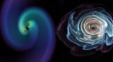 Visualisatie die de effecten laat zien van een fusie van neutronensterren op zwaartekracht en materie