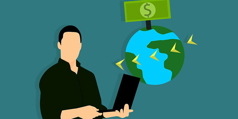 Dibujo de un hombre enviando dinero a todo el mundo a través de una computadora portátil