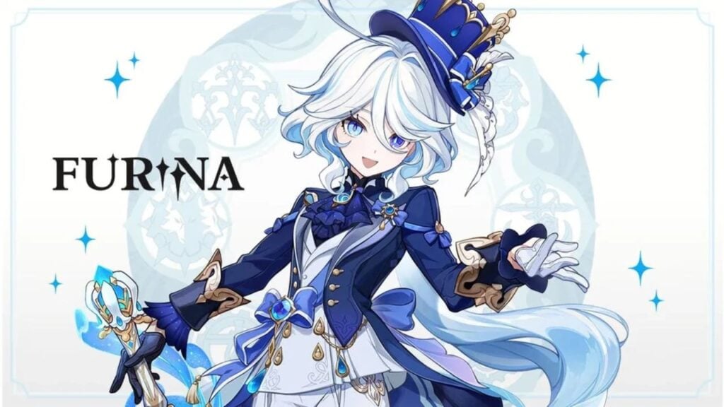 Feature image for our Genshin Impact Furina weapon tier list. It shows promotional art of Furina, a young woman with white hair and mismatched blue eyes, dressed in a blue jacket and top hat.
