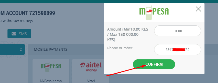 Using Mpesa to withdraw from 22bet step 5