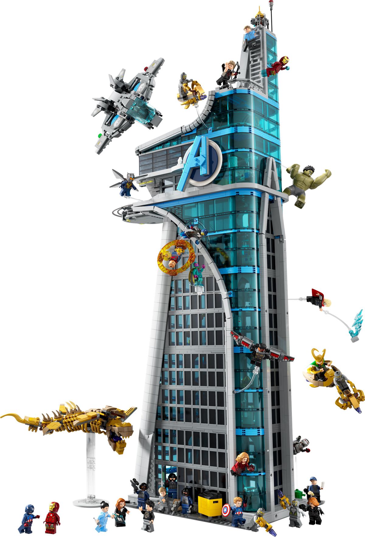 A product shot of Lego Avengers Tower, showing various Avengers and Chitauri forces battling on the exterior