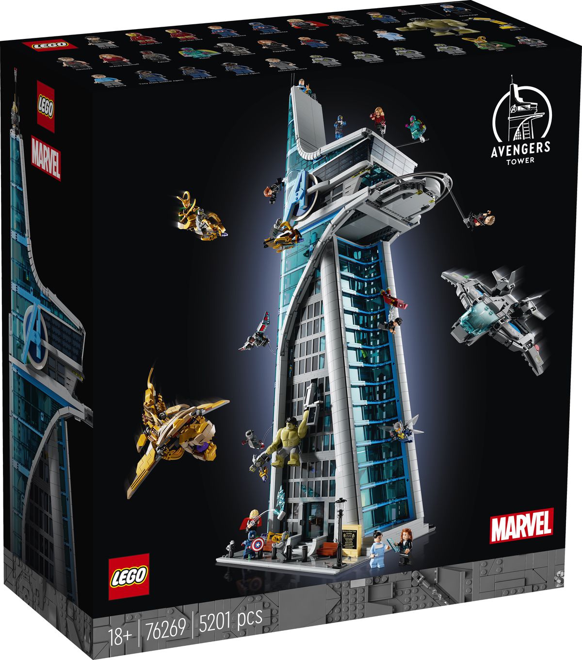 Een boxshot van de Lego Avengers Tower, waarop verschillende Avengers- en Chitauri-troepen aan de buitenkant te zien zijn