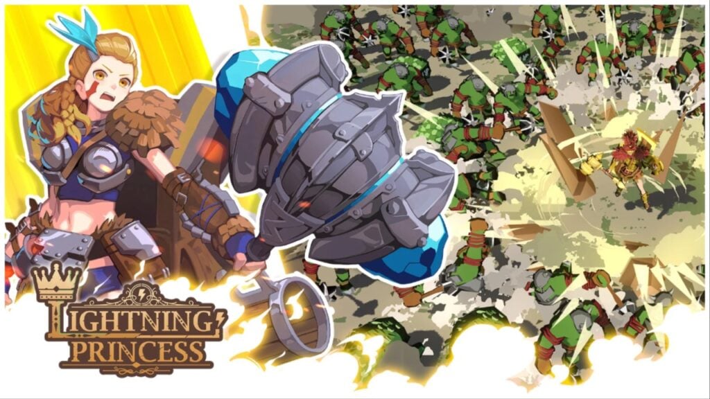 The main image for our Lightning princess codes guide. The image shows a barbarian like woman with a giant stone like hammer with blue gems on either side. In the background is a small snipped of the in game battles