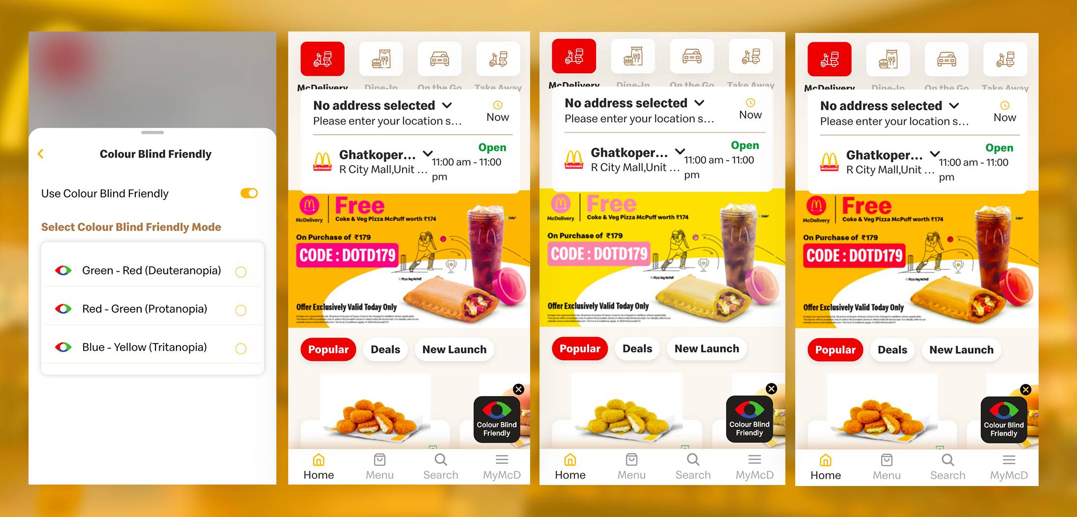 색맹 친화적인 앱에는 고객 경험을 향상시키기 위한 맥도날드 기능이 포함되어 있습니다.