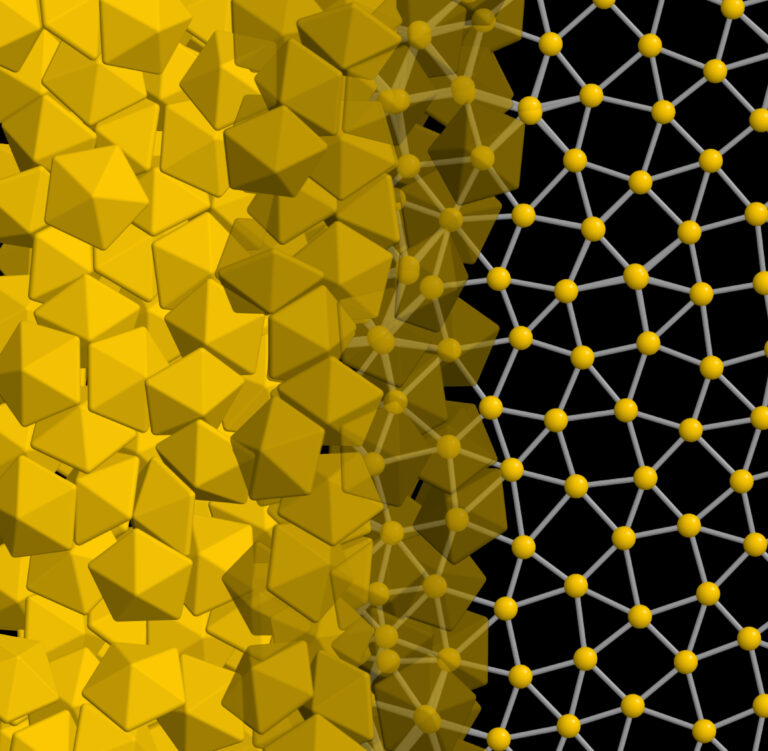 Las bipirámides pentagonales algo aplastadas se agrupan en el lado izquierdo de la imagen, desapareciendo en un modelo de bolas y palos de las conexiones entre partículas vecinas. El modelo dibuja triángulos y rombos sin un patrón consistente, ya que cada bola tiene cinco o seis conexiones.