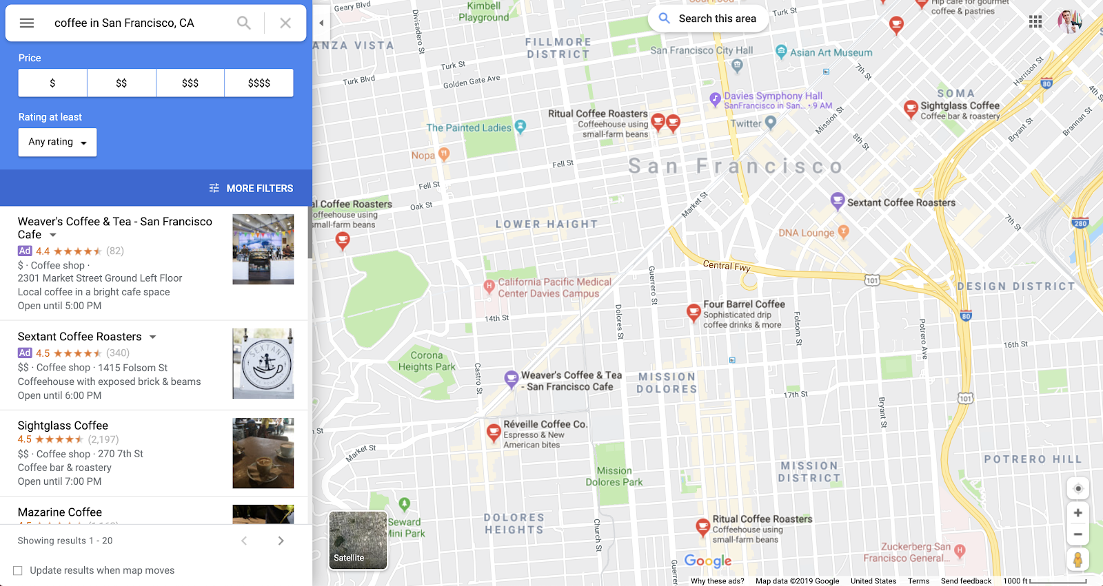기업을 위한 온라인 광고: Google 지도의 홍보 핀 예.
