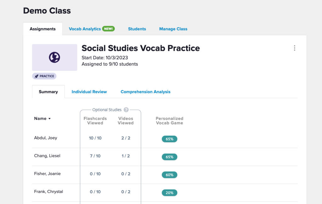 Social Studies Vocab Practice assignments